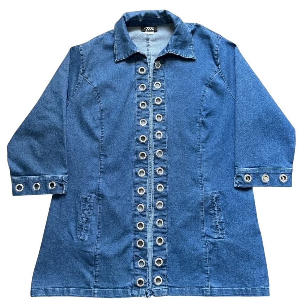 Tia Designs Elongated Denim Jacket Women XL Blue Rhinestone Grommet 3/4 Sleeve - Picture 2 of 7